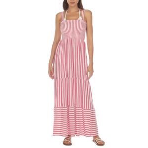 Raviya Pink White Striped Tiered Maxi Dress Smocked Bodice Size XL NWT